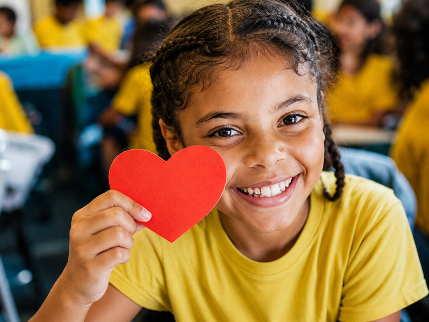 Menina sorrindo e segurando um coração vermelho